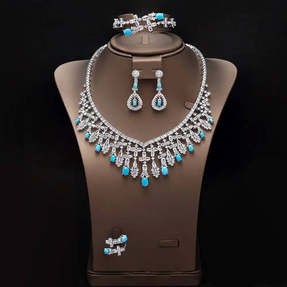 Luxury Silver Crystal Turquoise Blue Jewelry Set Necklace Earrings Ring Bracelet Bridal Wedding Statement Set for Women