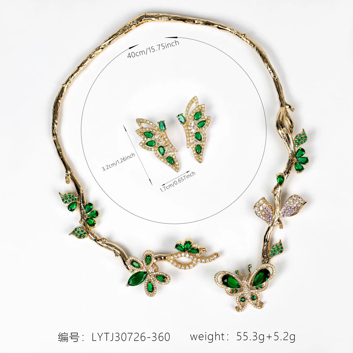Parure collier et boucles d'oreilles papillon 3D en zircon, style léger luxe