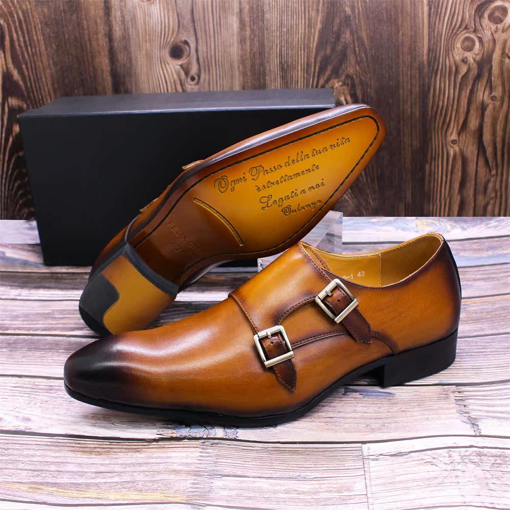 Brown Leather Buckle Men's Loafers Pointed Handmade Leather Shoes