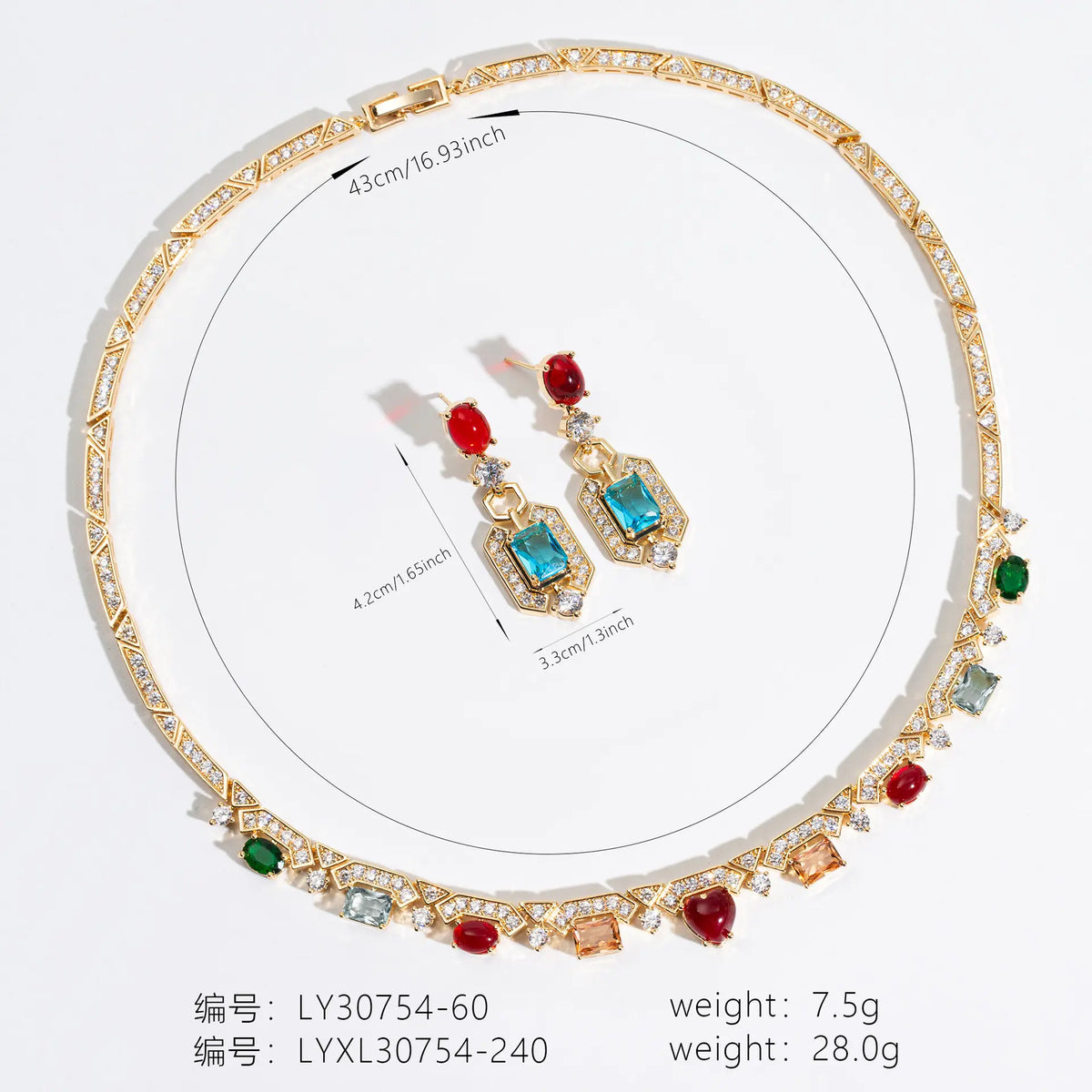 Parure de bijoux de luxe avec collier et boucles d'oreilles en cristal multicolore