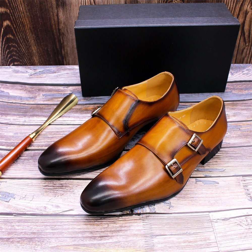 Brown Leather Buckle Men's Loafers Pointed Handmade Leather Shoes