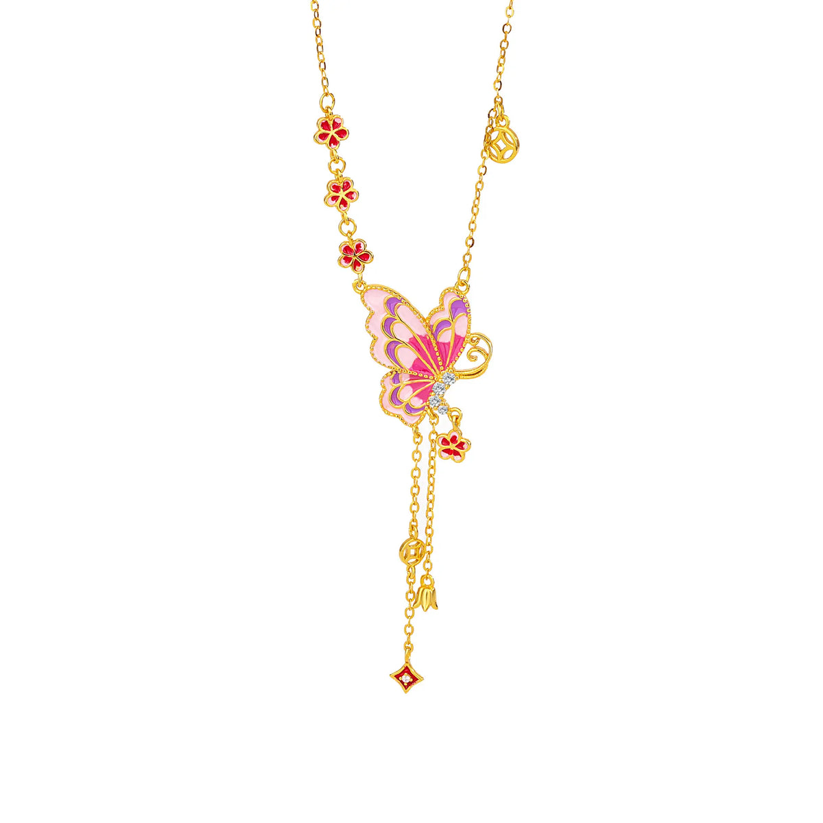 Collier papillon rose en émail et argent sterling S925 avec franges