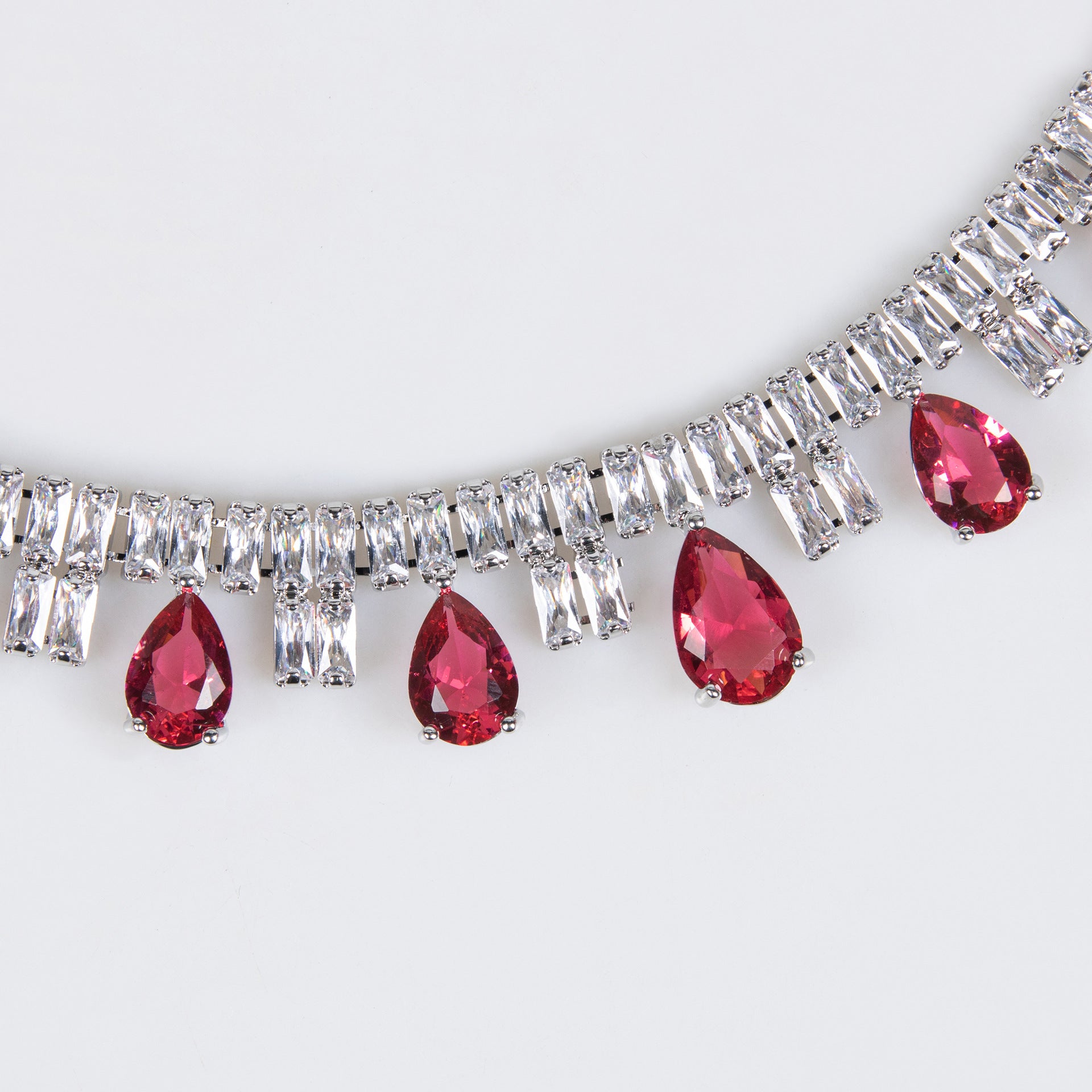 Luxury Ruby Red Teardrop Necklace Set for Women – Baguette Crystal Jewelry with Matching Earrings