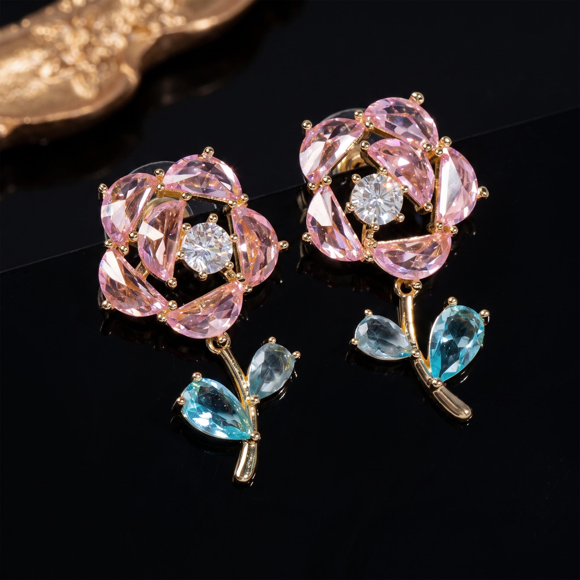 Luxury Pink Crystal Rose Earrings – Elegant Floral Jewelry for Women