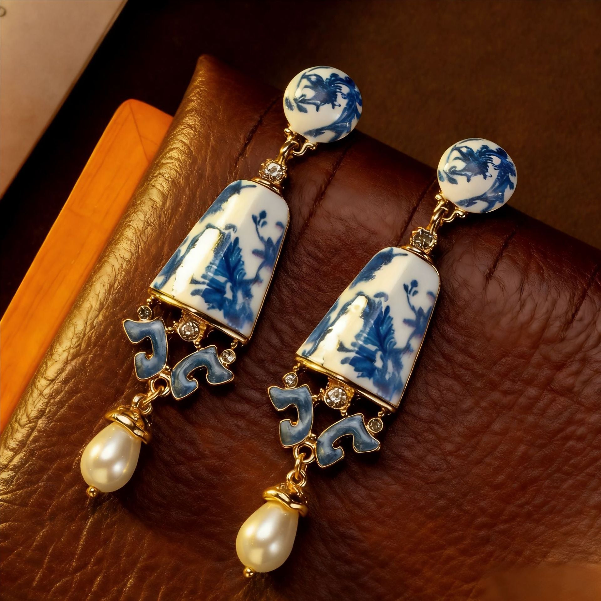 Boucles d'oreilles clous en porcelaine bleue et blanche classique, motif vase médiéval vintage