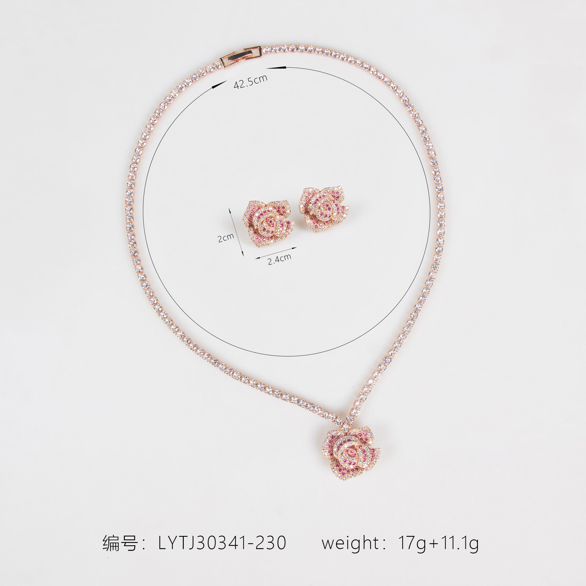 Elegant Rose Crystal Pendant Necklace and Earrings Set – Luxury Floral Jewelry
