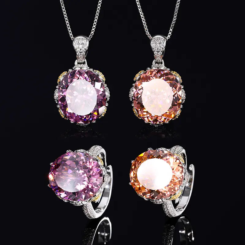 Parure Collier et Bague Gemmes Scintillantes Mauves et Roses – Luxe Minimaliste