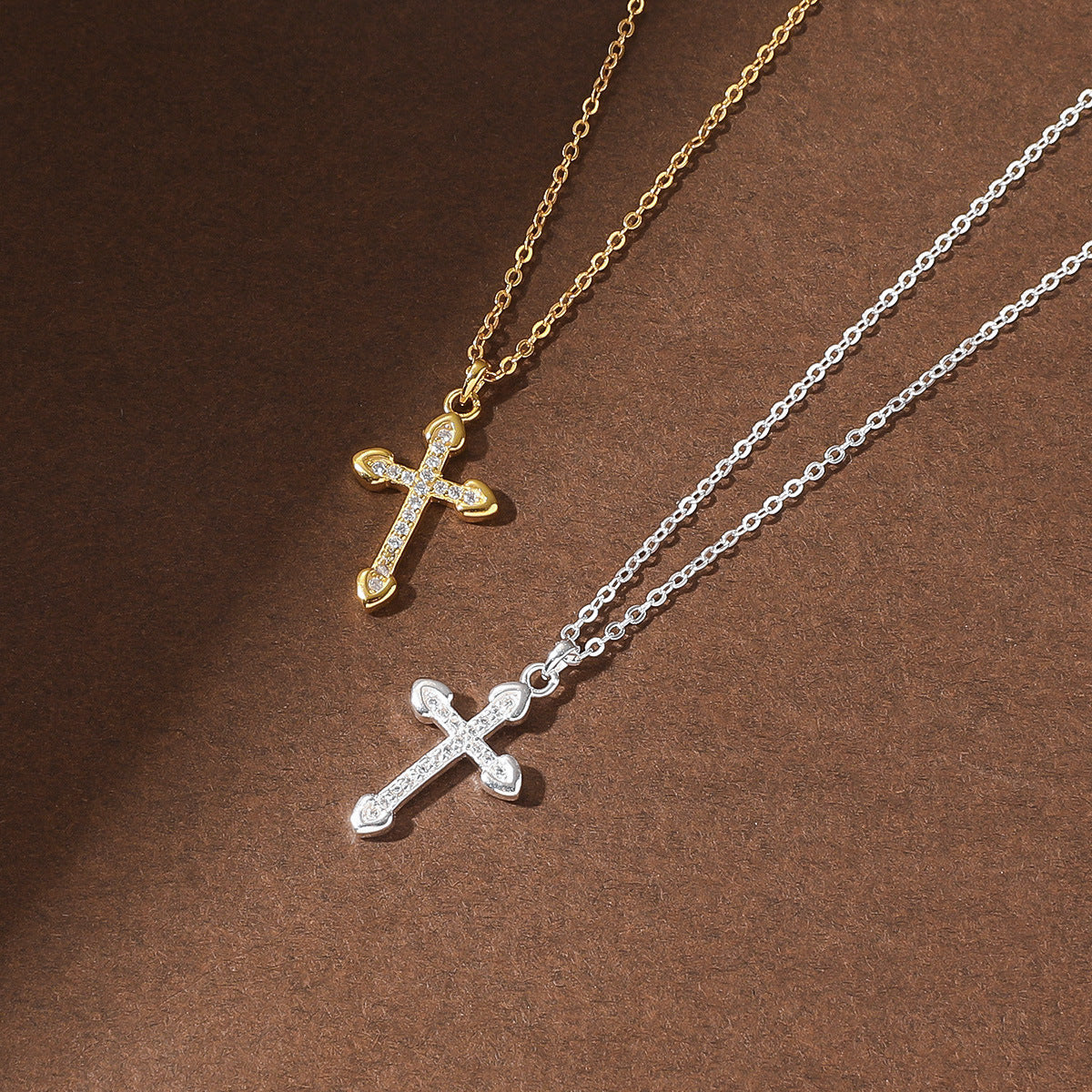 S925 sterling silver diamond inlaid simple cross pendant necklace