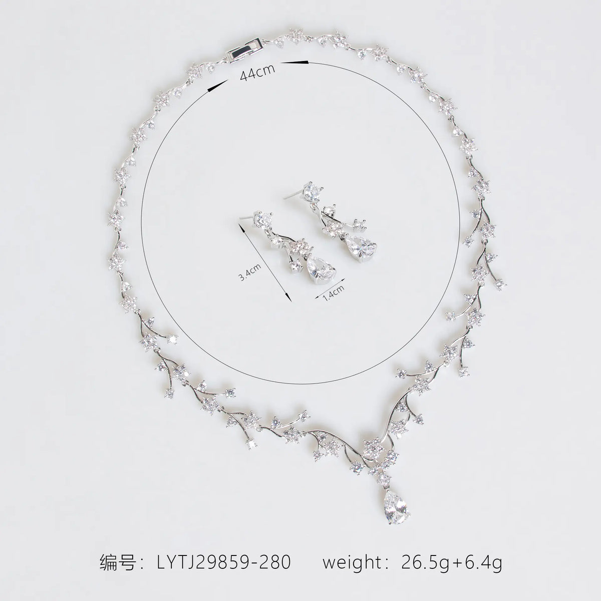 Luxury Silver Teardrop Jewelry Set – Floral Crystal Necklace Earrings