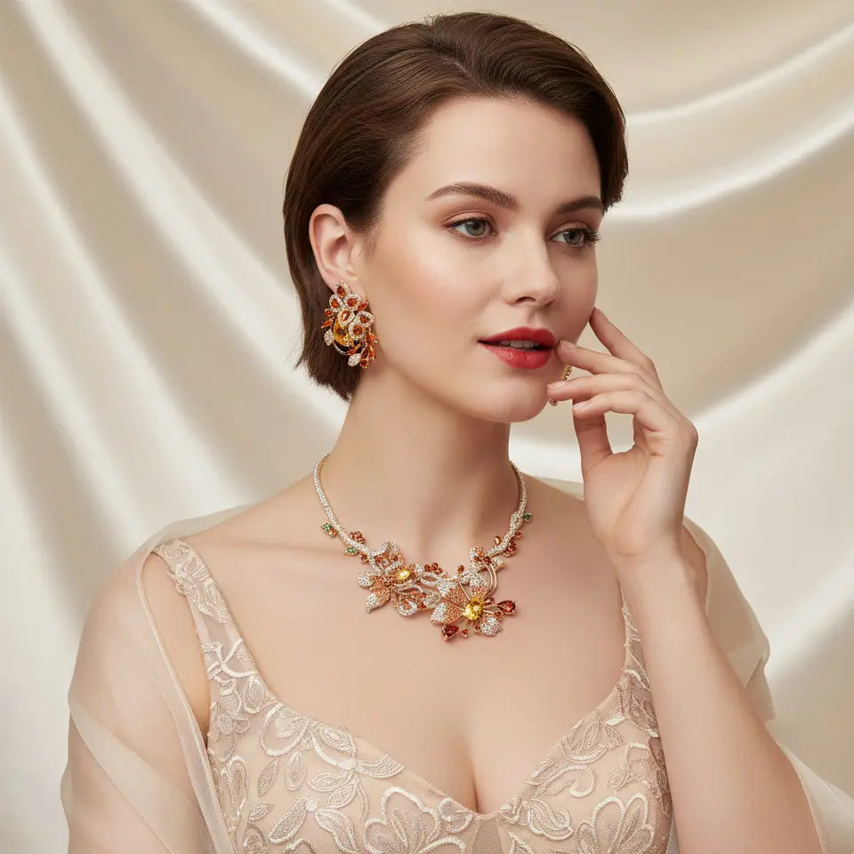 Parure Collier et Boucles d'Oreilles de Luxe en Cristal Jaune Citrine pour Soirée de Gala