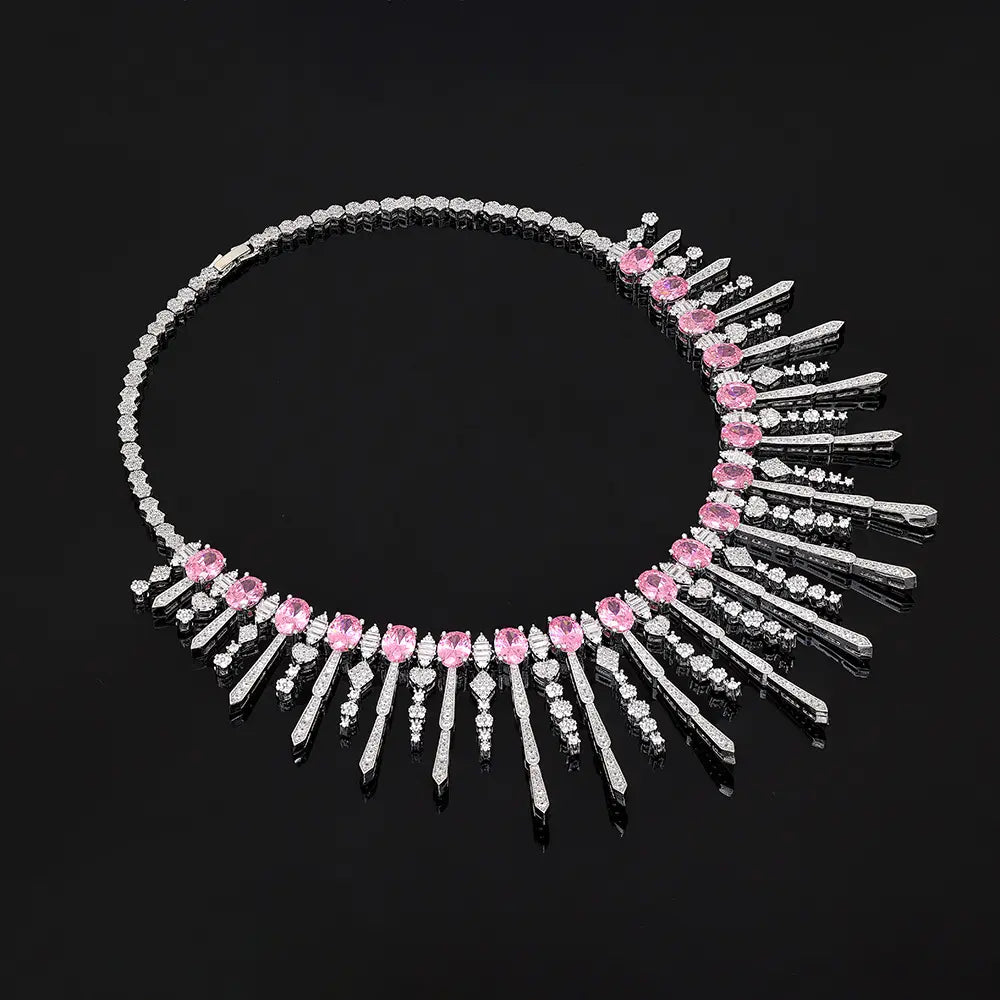 Luxury Pink Crystal Fringe Necklace Set Silver Tone Statement Jewelry Set for Women Wedding Party Jewelry
