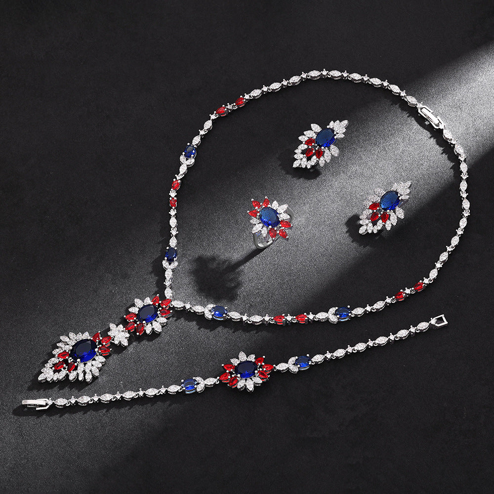 Luxury Floral Crystal Jewelry Set Orange Green Zircon Necklace Earrings Ring Silver Plated Statement Set for Women