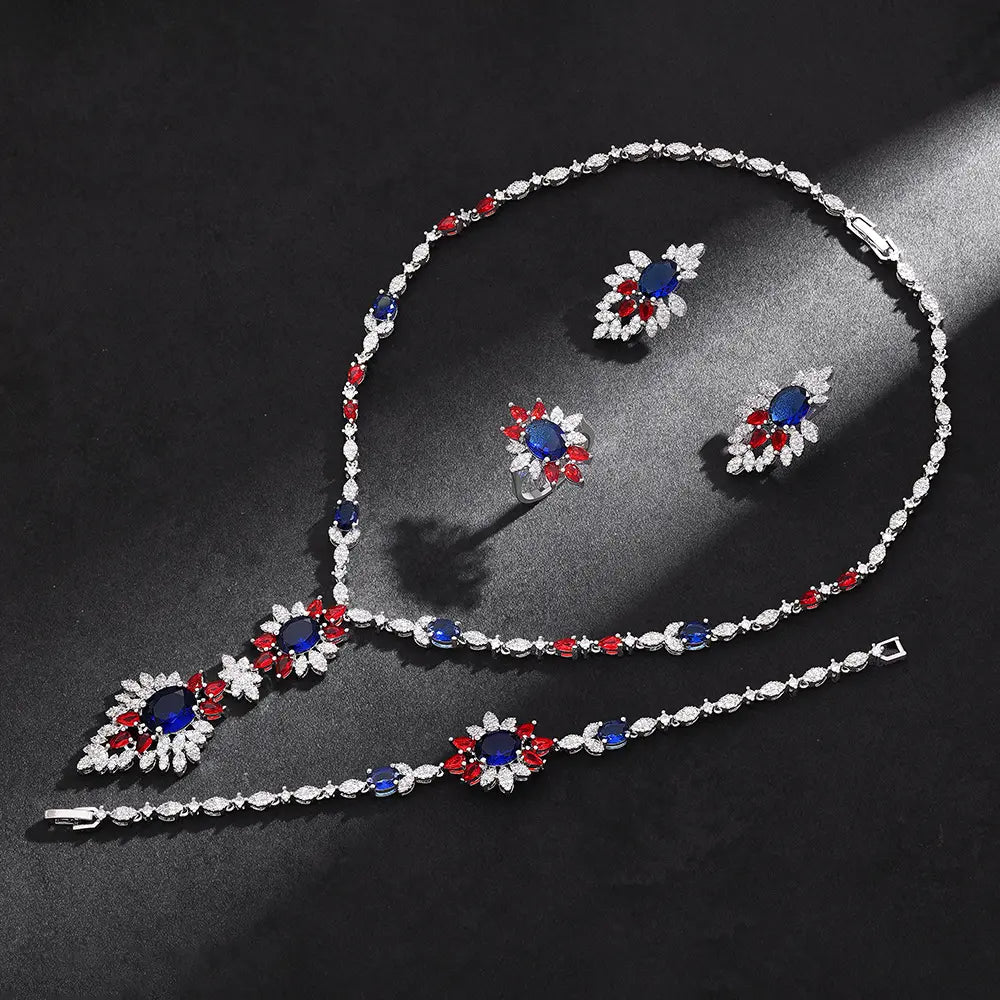 Luxury Floral Crystal Jewelry Set Orange Green Zircon Necklace Earrings Ring Silver Plated Statement Set for Women