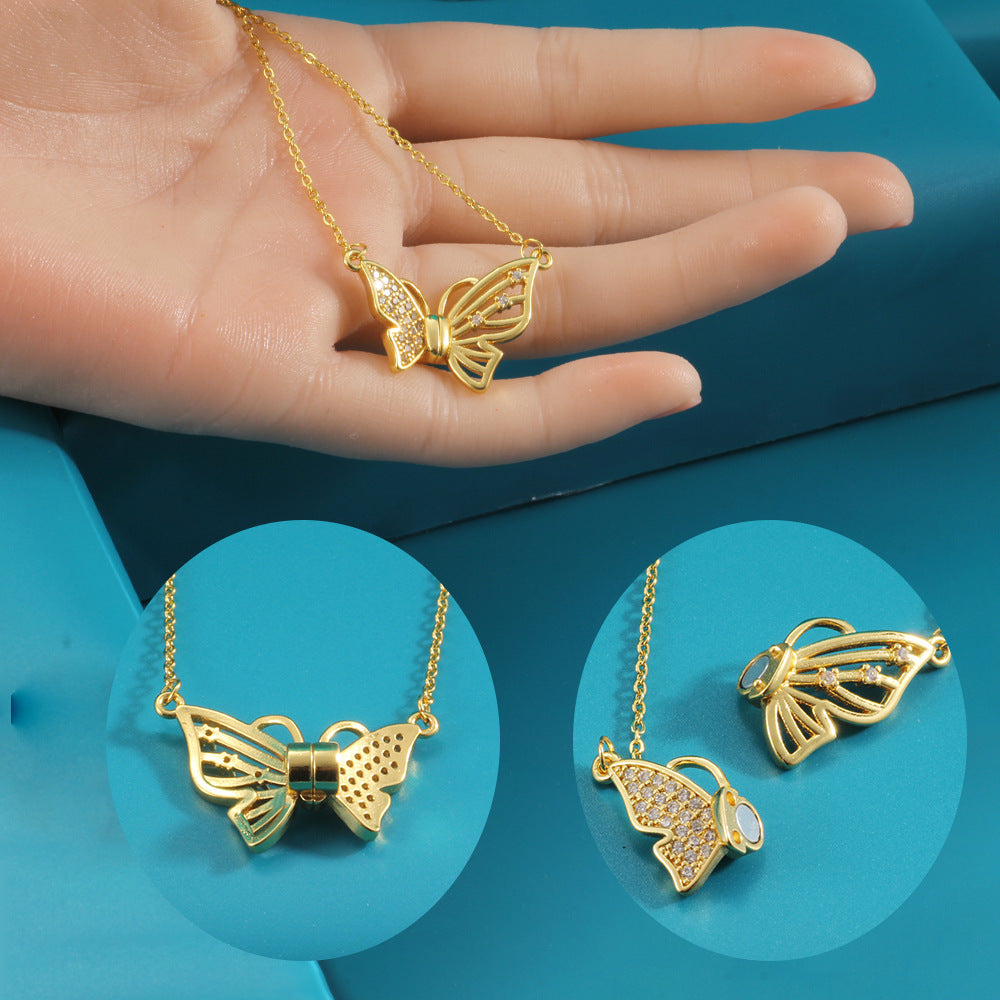 Gold Diamond Magnetic Butterfly Necklace