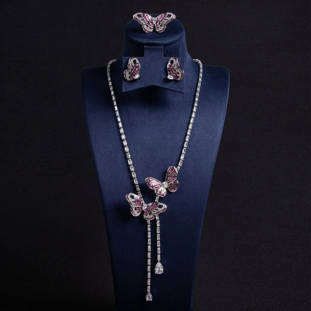 Luxury Purple Butterfly Crystal Necklace Earrings Ring Jewelry Set