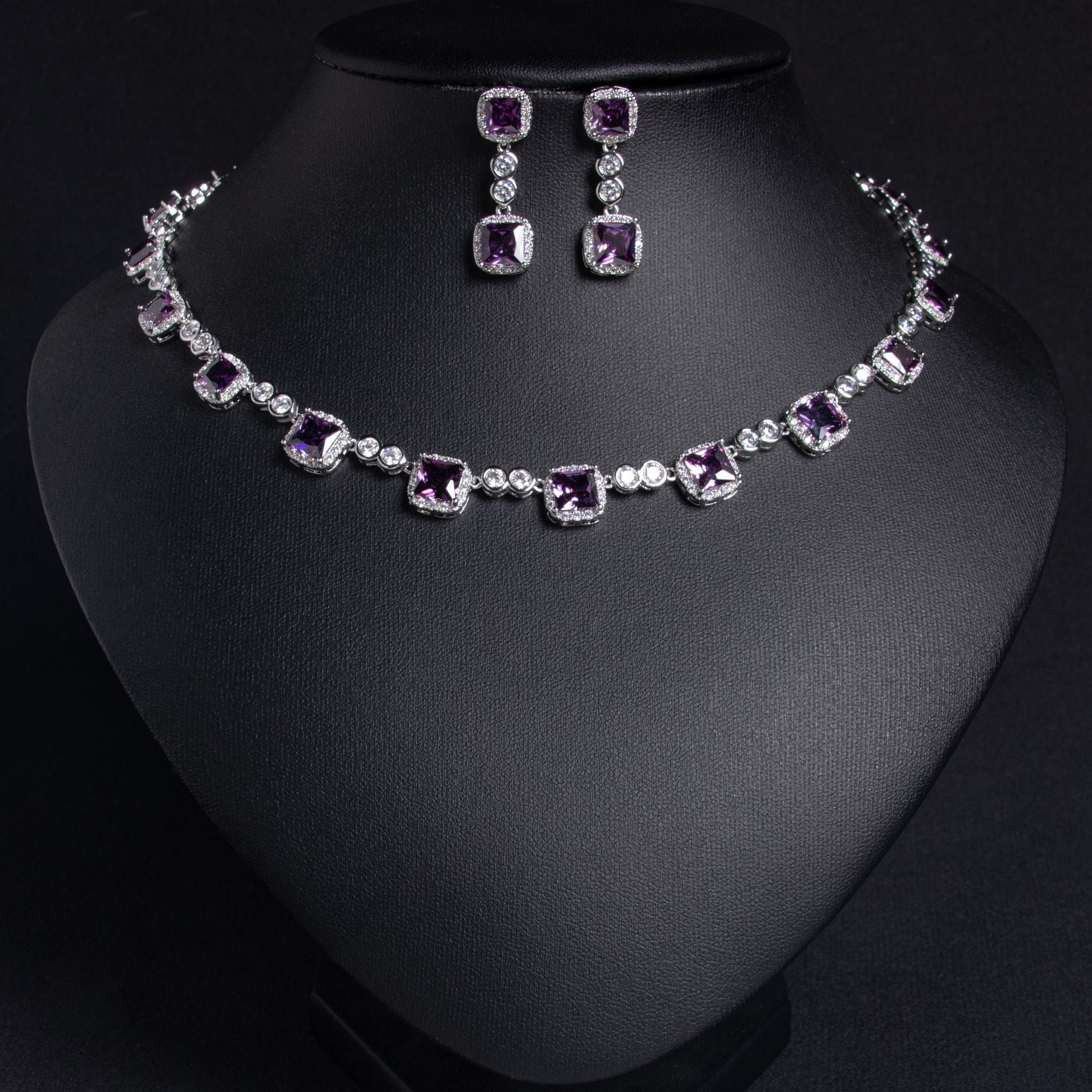 Parure Collier et Boucles d'Oreilles de Luxe en Cristal Carré Jaune pour Tenue de Soirée