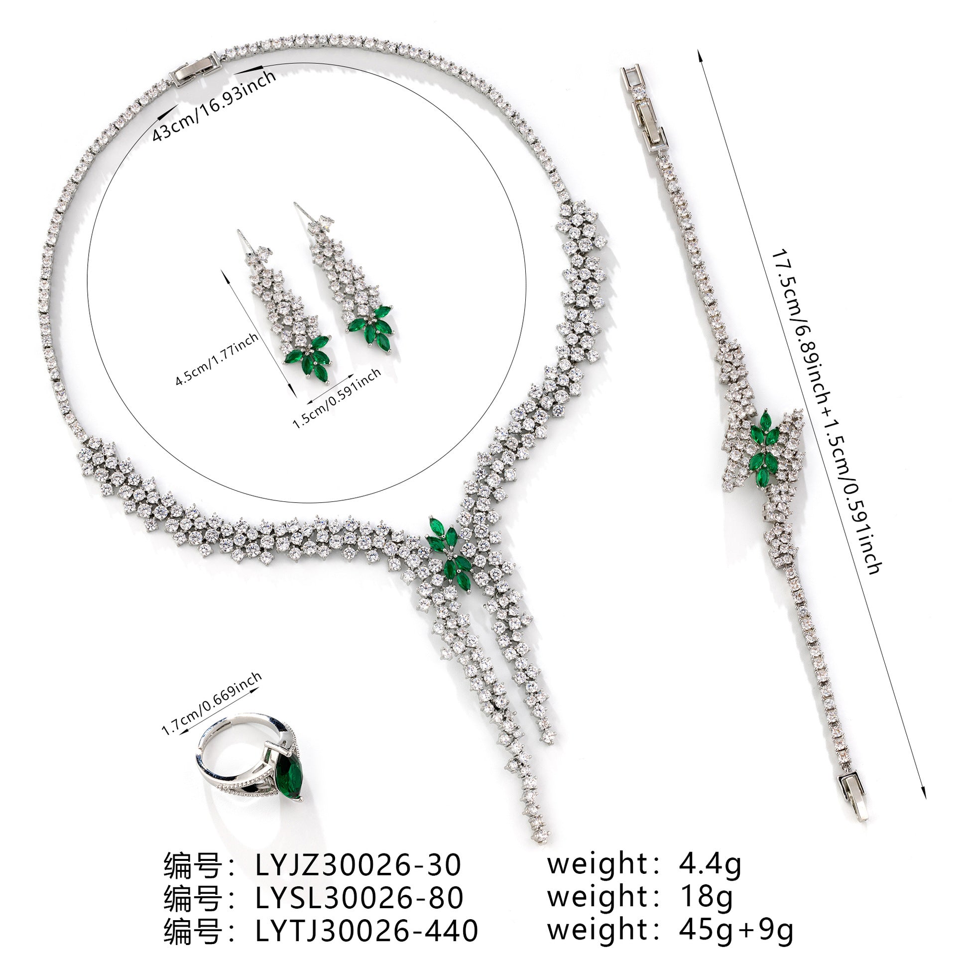 Luxury Green Crystal Wedding Jewelry Set – Silver Necklace Earrings Bracelet