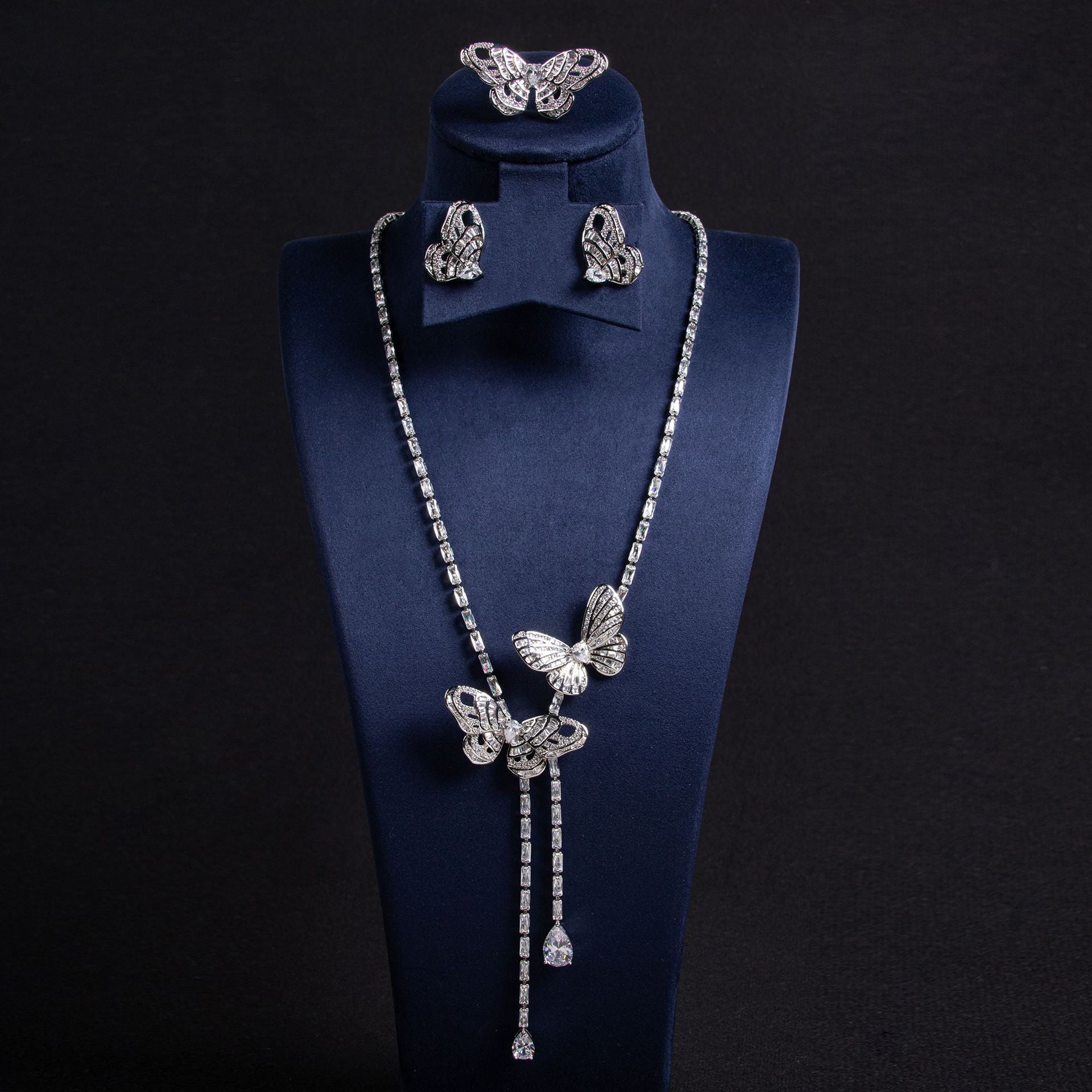 Luxury Purple Butterfly Crystal Necklace Earrings Ring Jewelry Set