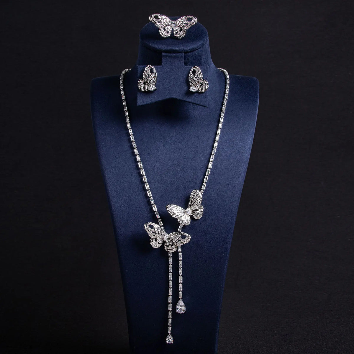 Luxury Purple Butterfly Crystal Necklace Earrings Ring Jewelry Set