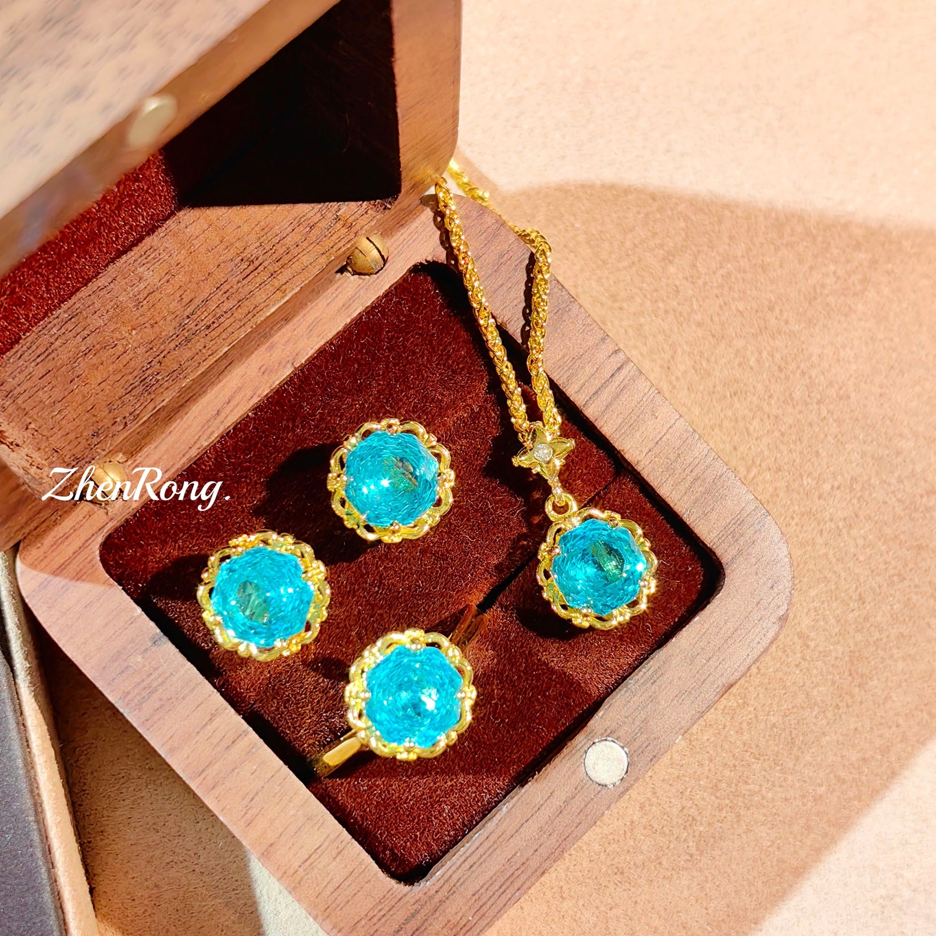Star Anise Rose Cut Sea Blue Necklace Color Treasure Set