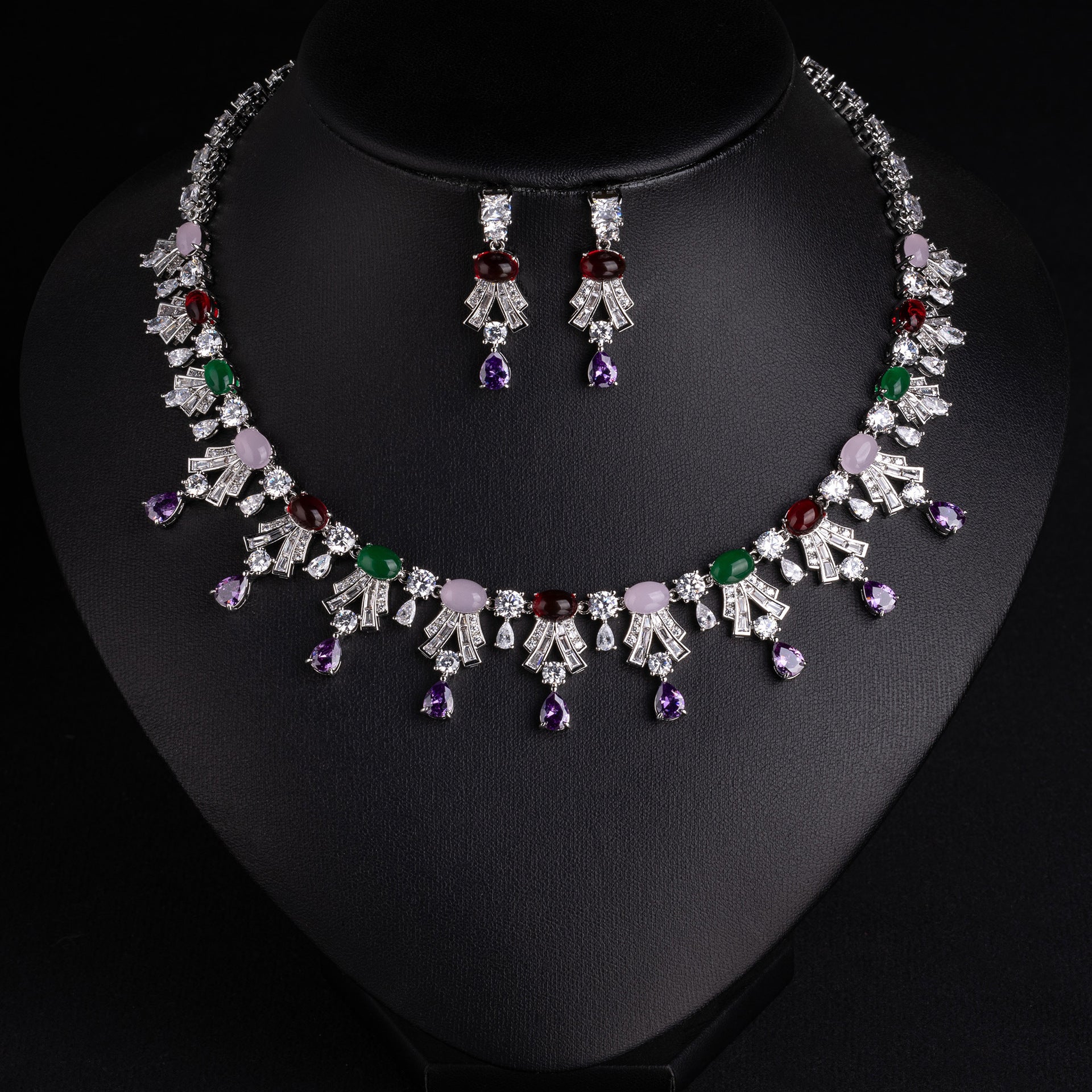 Luxury Ruby Red Gemstone Statement Necklace Set for Women – Elegant Jewelry with Matching Earrings