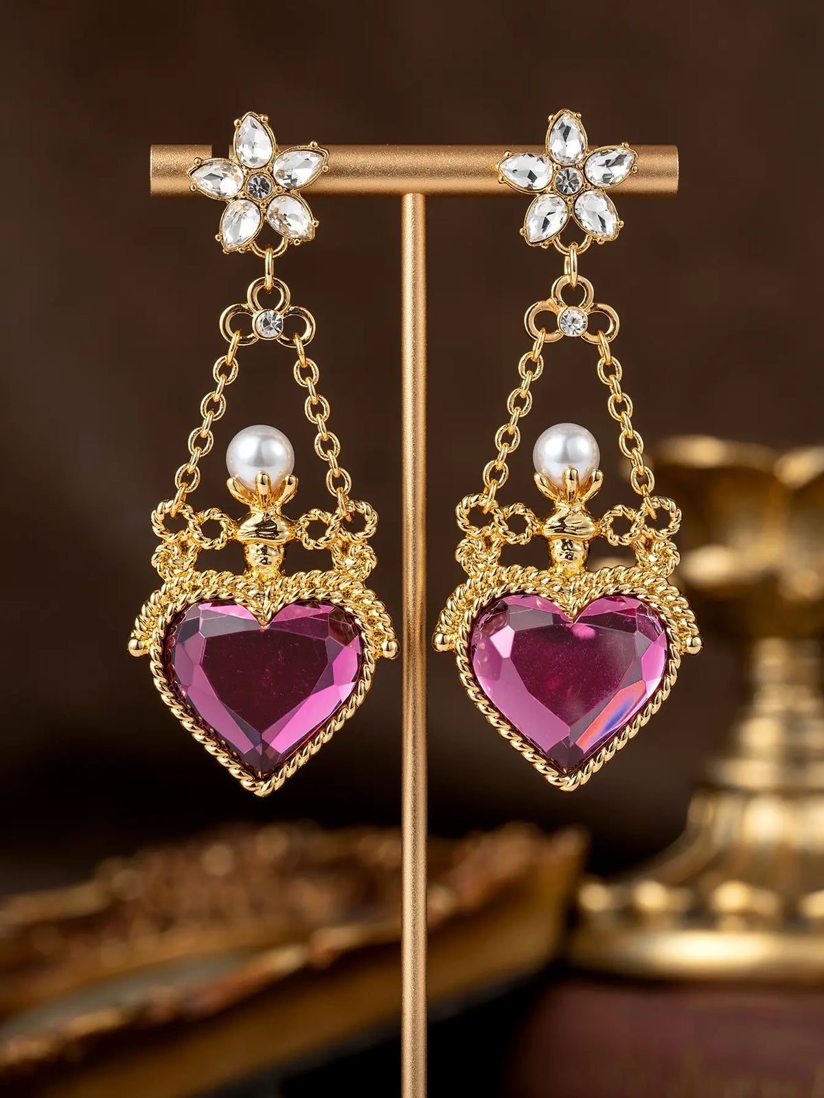Boucles d'oreilles pendantes de luxe en cristal cœur rose et perles pour femmes