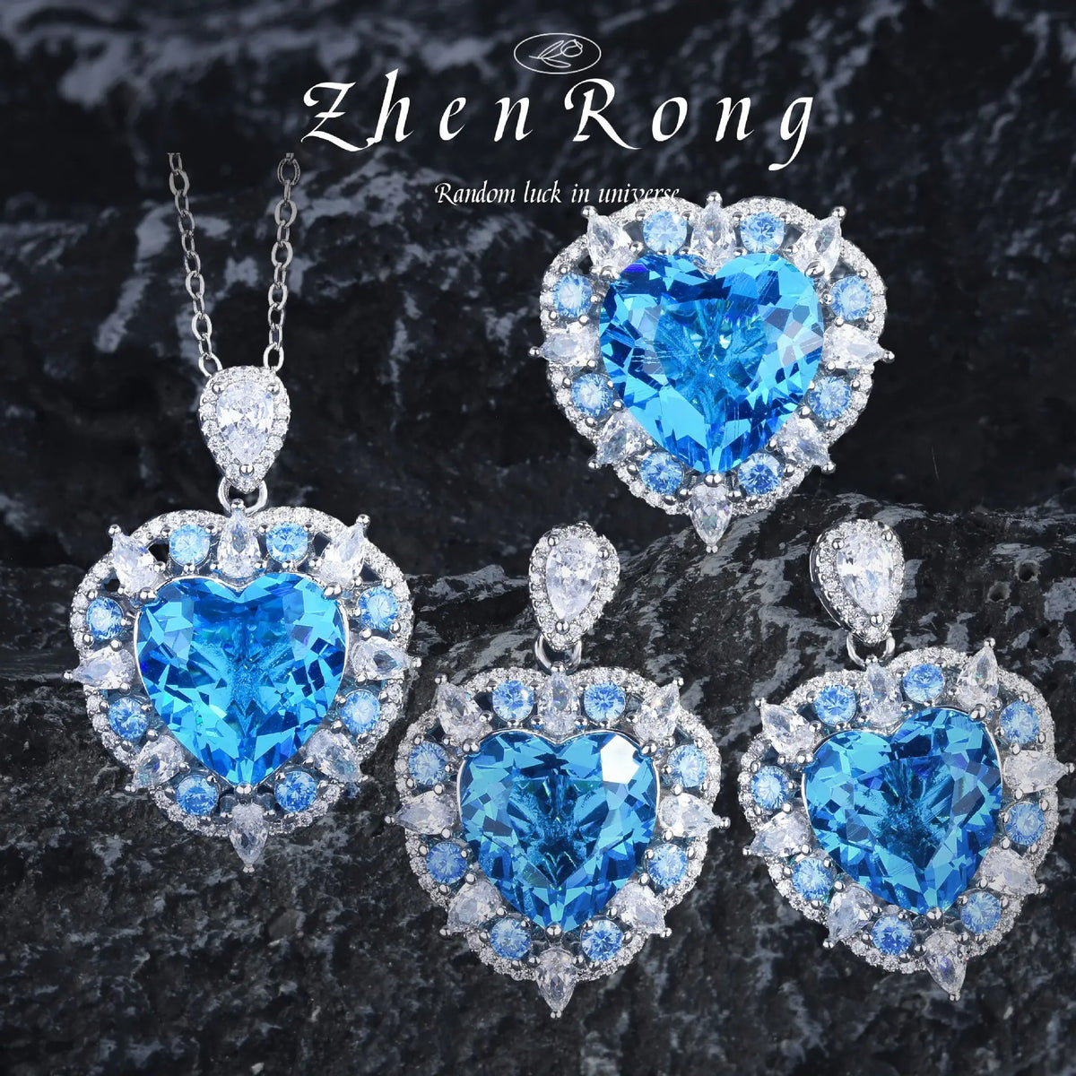Ensemble de bijoux de luxe avec pendentif topaze, en forme de cœur, industriel lourd, coloré