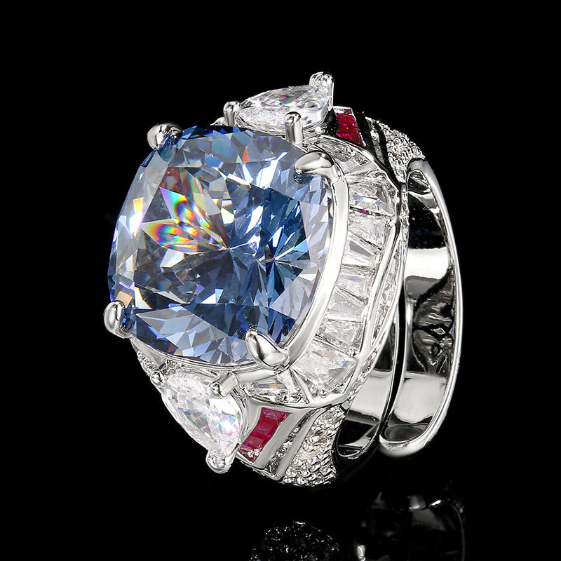 Copper silver plated red corundum square fashion ring