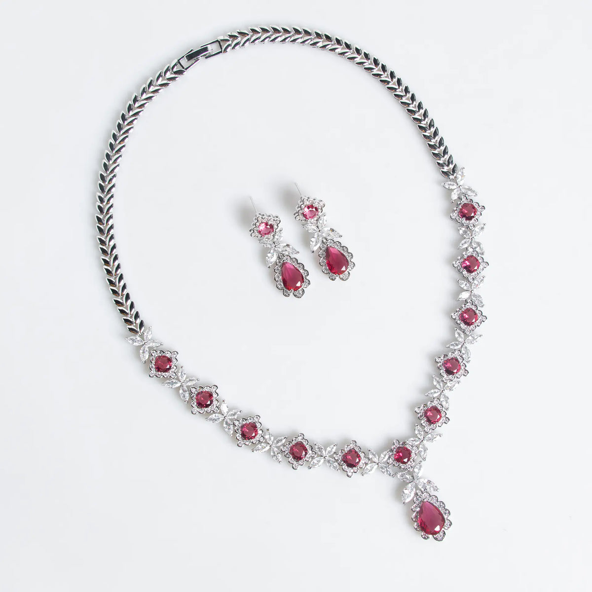 Luxury Ruby Teardrop Necklace Set – Floral Crystal Earrings Jewelry