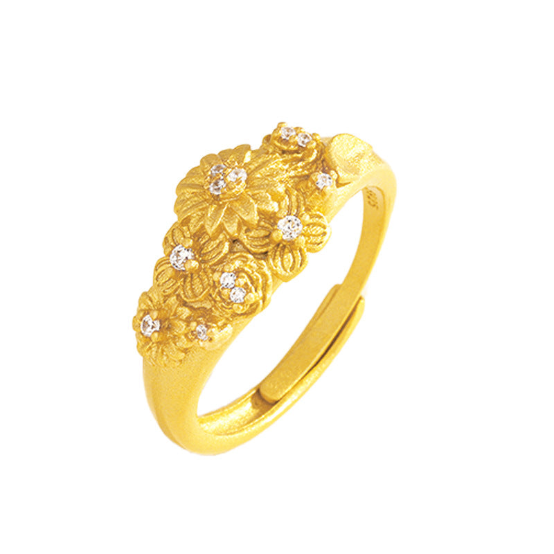 S925 Sterling Silver Gold Brushed Flower Ring