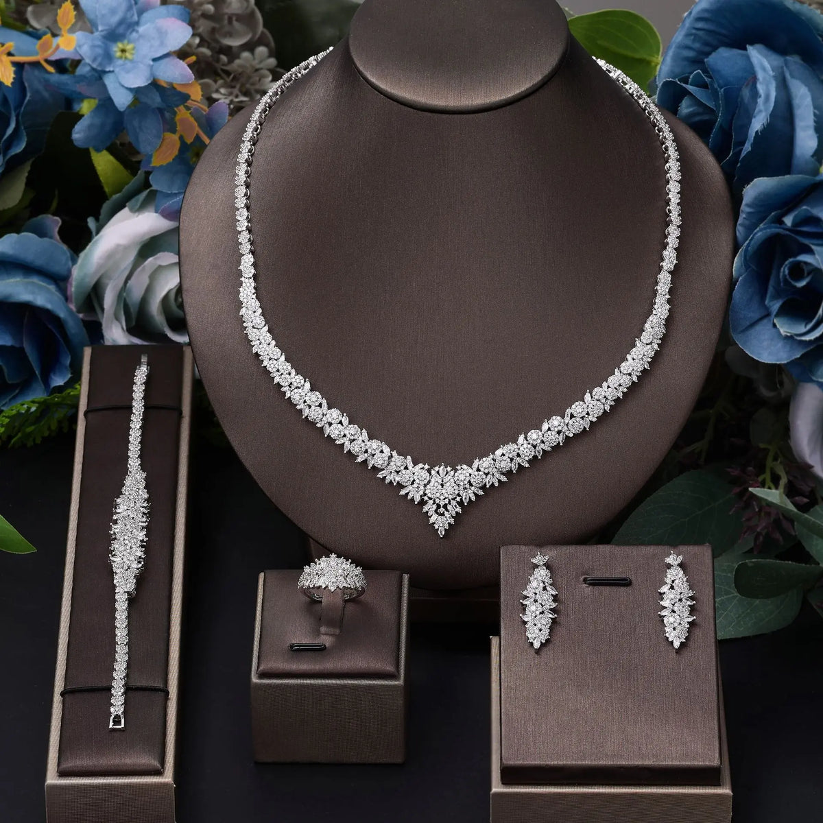 Luxury Gold Crystal Floral Jewelry Set Necklace Earrings Ring Bracelet Bridal Wedding Statement Jewelry for Women