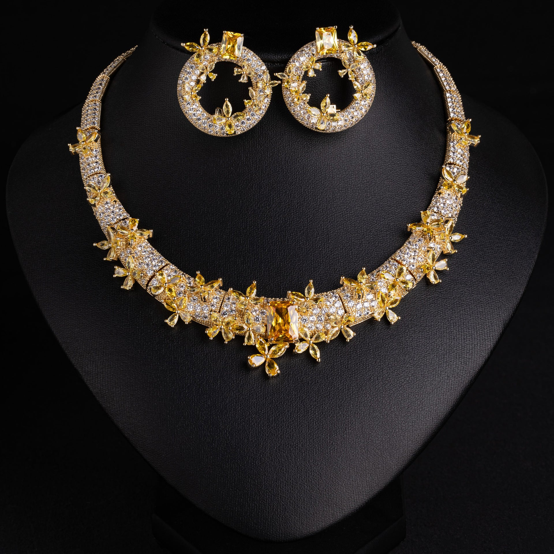 Luxury Golden Yellow Gemstone Necklace Set for Women – Floral Statement Jewelry with Matching Earrings
