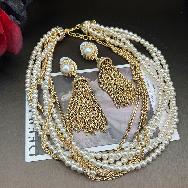Tassel Pearl Necklace and Earrings Set in Retro Court Style Shijia Pearl Sweater Chain Necklace