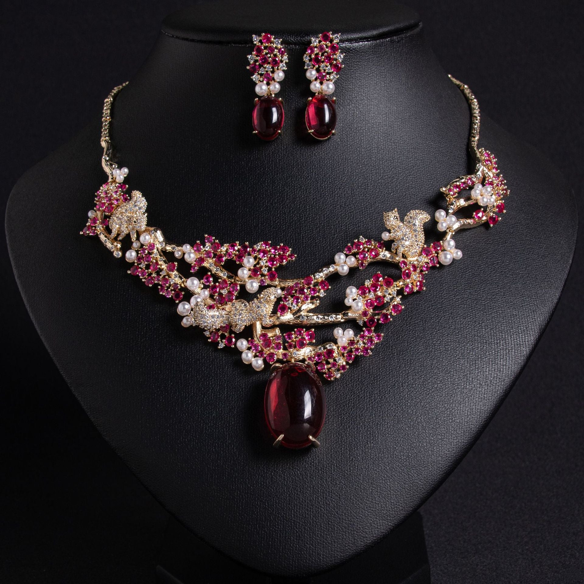 Elegant Red Crystal Pearl Necklace Set – Floral Earrings Jewelry for Women