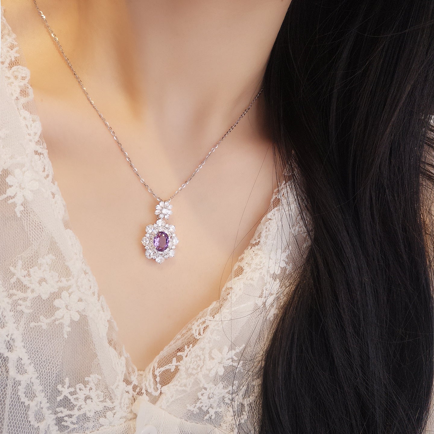 S925 Sterling Silver Natural Amethyst Necklace