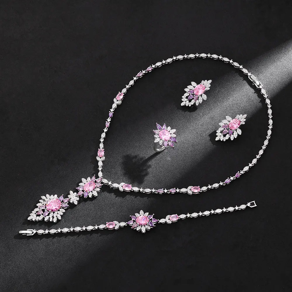 Luxury Floral Crystal Jewelry Set Orange Green Zircon Necklace Earrings Ring Silver Plated Statement Set for Women