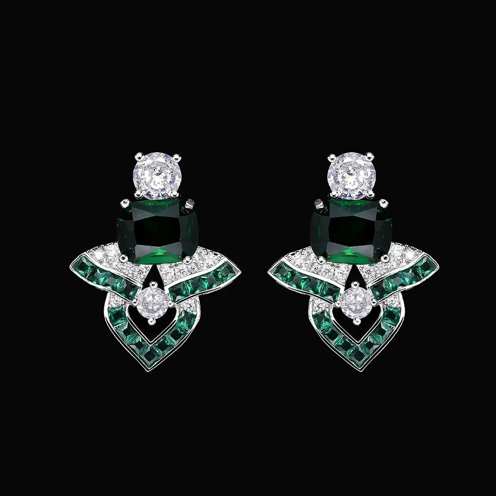 Luxury Green Crystal Geometric Necklace Set Silver Tone Statement Jewelry Set Earrings for Women