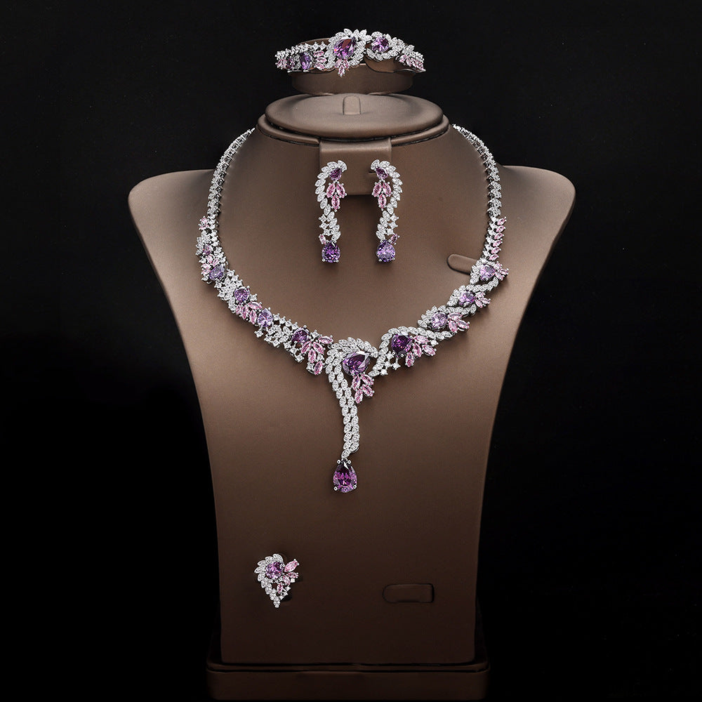 Luxury Purple Pink Crystal Bridal Jewelry Set – Necklace Earrings Ring Statement Set