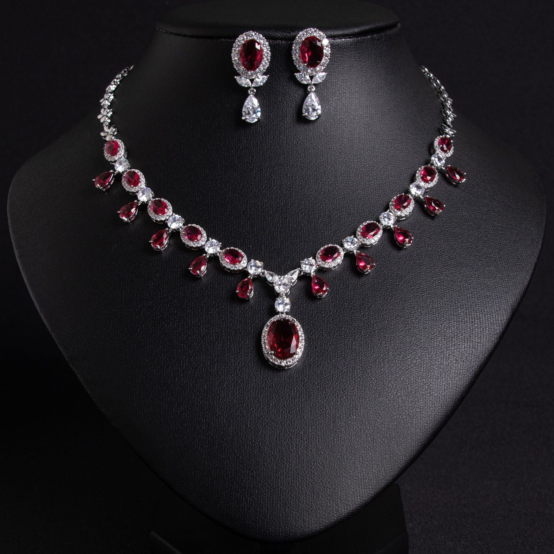 Luxury Ruby Red Crystal Necklace Earrings Set – Royal Statement Jewelry for Women