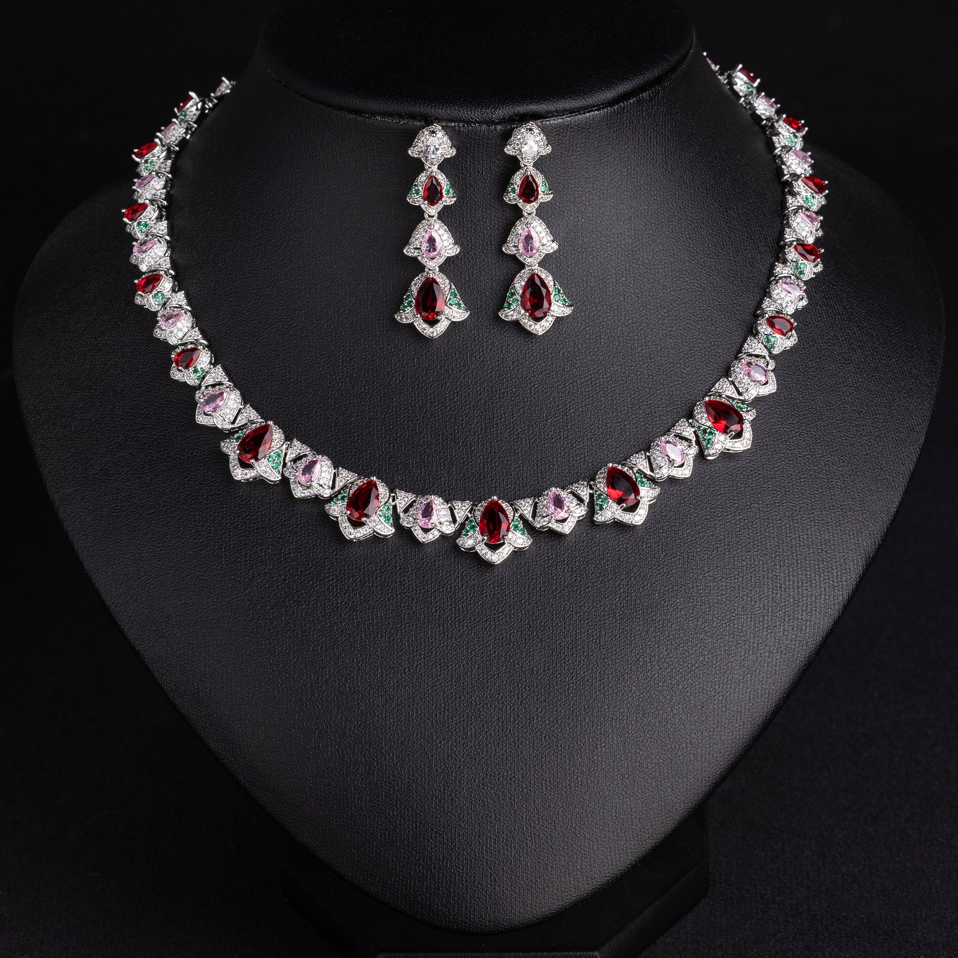 Glamorous Red Pink and Green Crystal Jewelry Set for Evening Gala