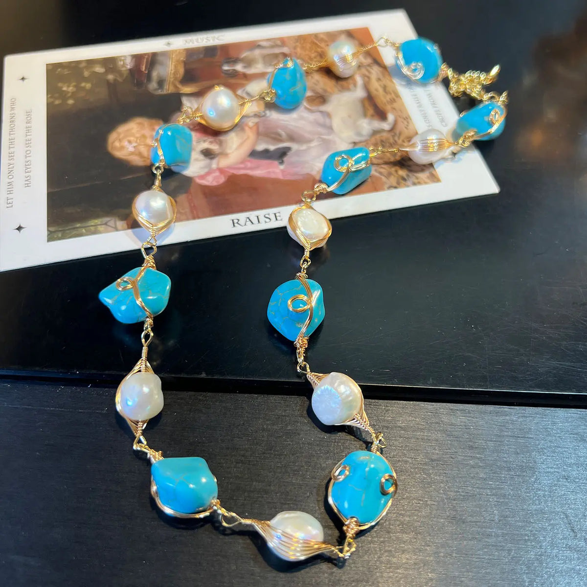 Parure Collier Boucles d'Oreilles Bracelet Broche Perles Baroques Naturelles Turquoise