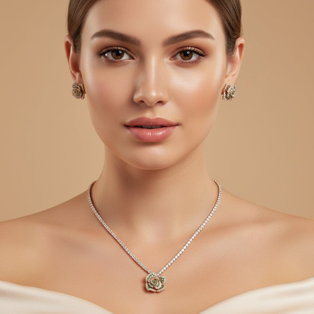 Elegant Rose Crystal Pendant Necklace and Earrings Set – Luxury Floral Jewelry