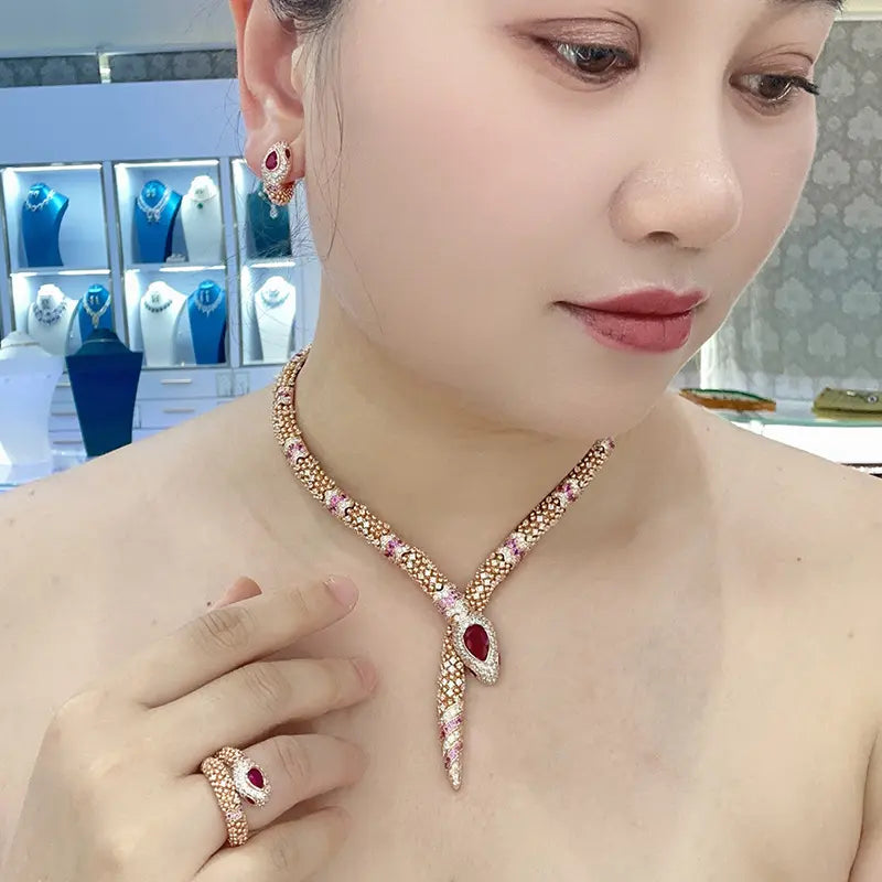 Designer Rose Gold Snake Chain Jewelry Set with Ruby Drop Stones