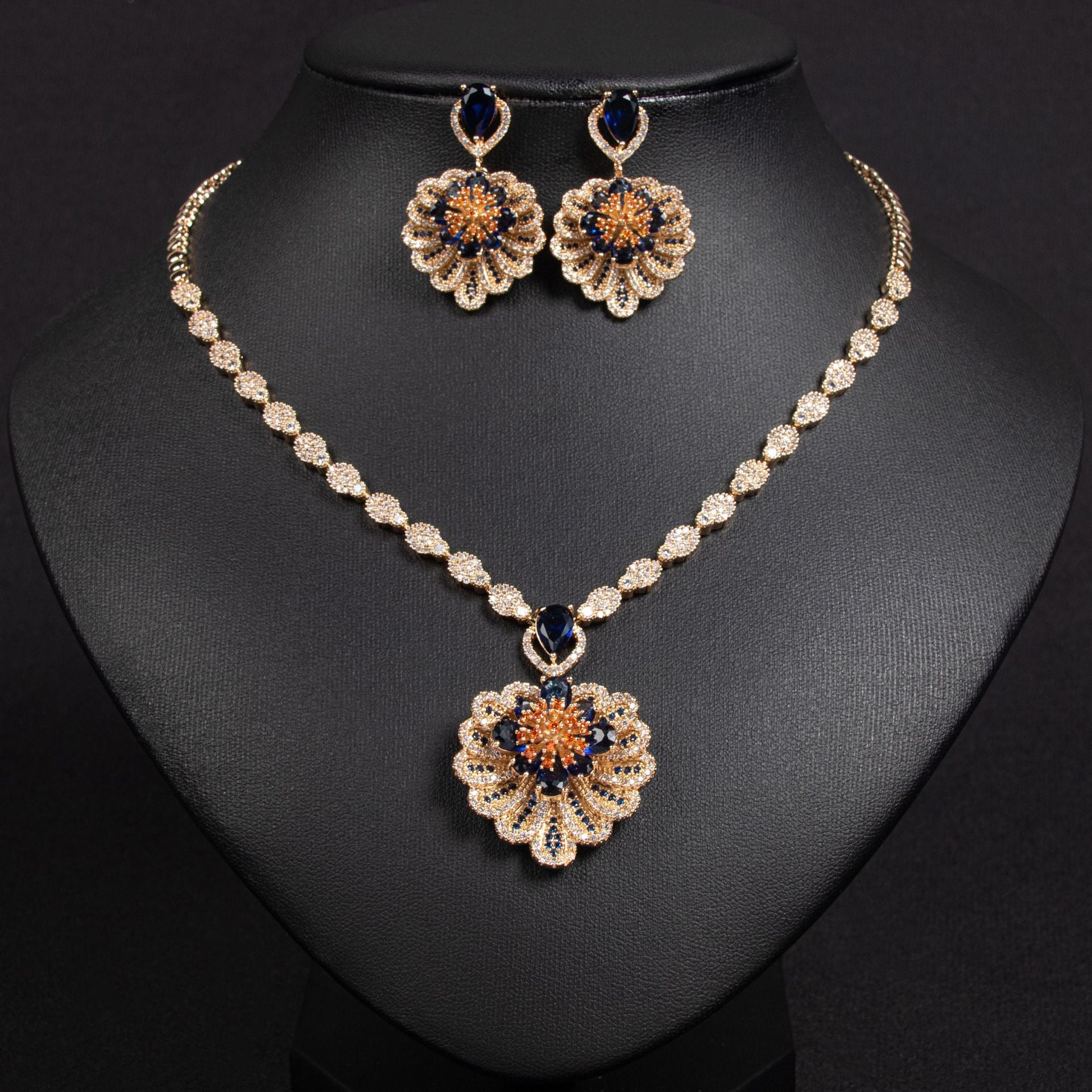 Luxury Pink Floral Crystal Necklace and Earrings Jewelry Set for Women