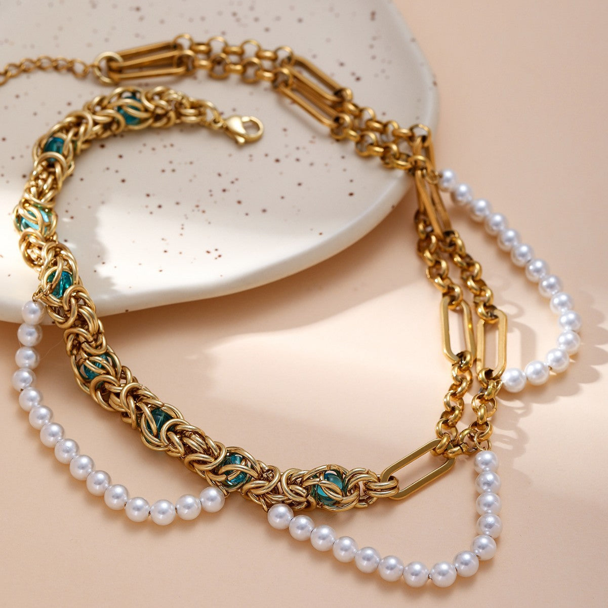 Titanium Steel Pearl Cuban Coarse Chain Splicing Necklace