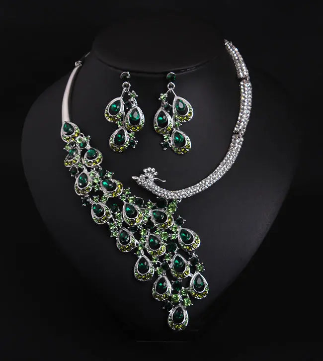Luxury Multicolor Crystal Peacock Necklace and Earrings Jewelry Set