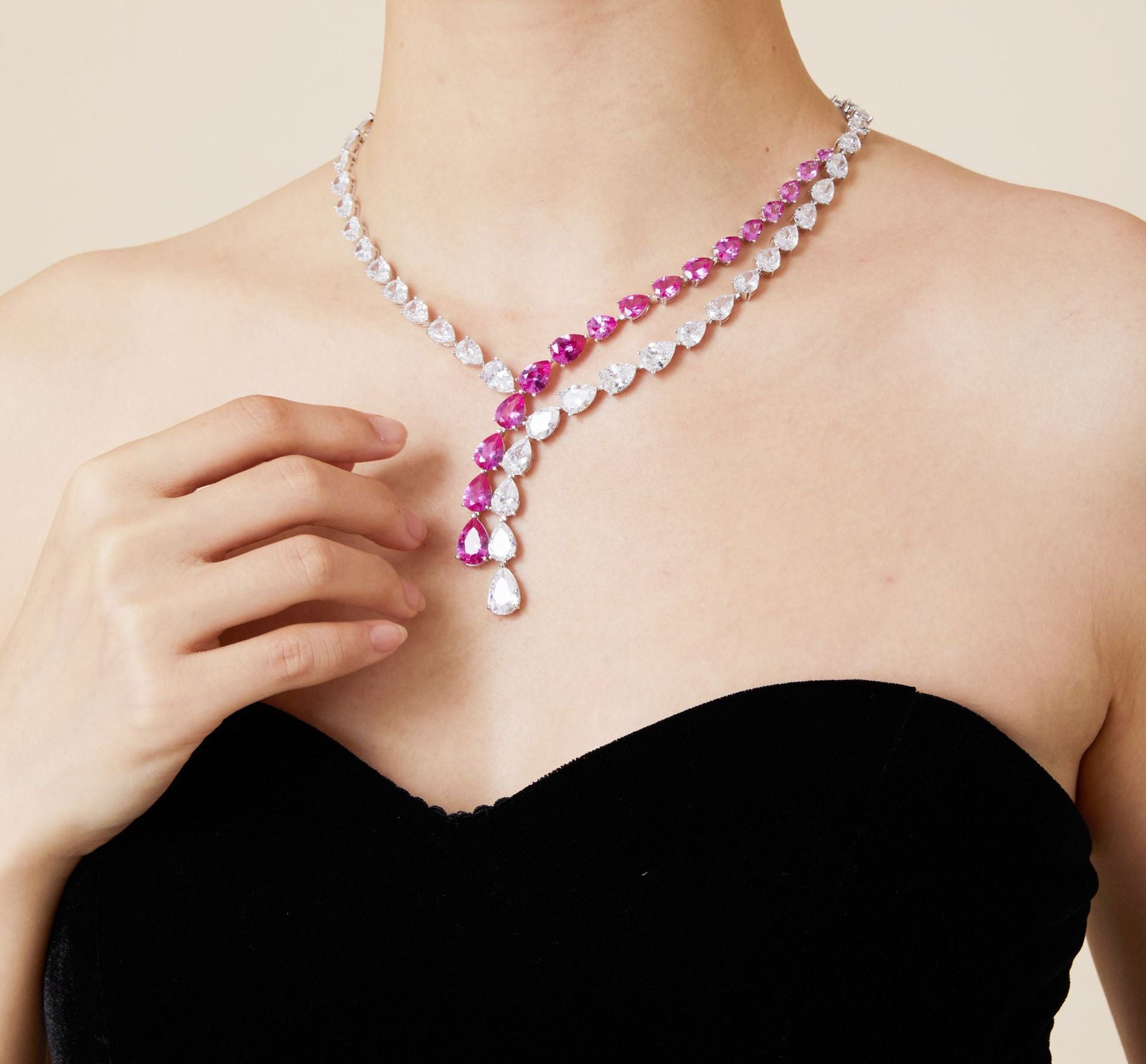 Double Pink Pear-Shaped Tassel Necklace