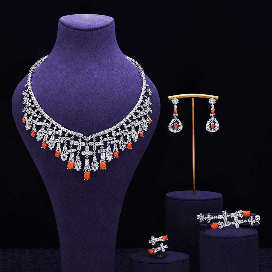 Luxury Silver Crystal Turquoise Blue Jewelry Set Necklace Earrings Ring Bracelet Bridal Wedding Statement Set for Women