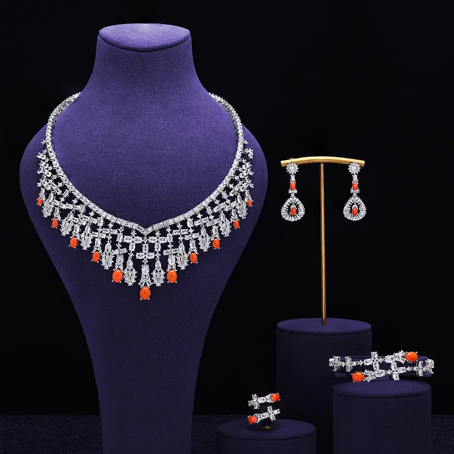 Luxury Silver Crystal Turquoise Blue Jewelry Set Necklace Earrings Ring Bracelet Bridal Wedding Statement Set for Women