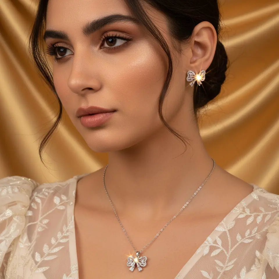 Elegant Silver Bow Crystal Necklace and Earrings Jewelry Set